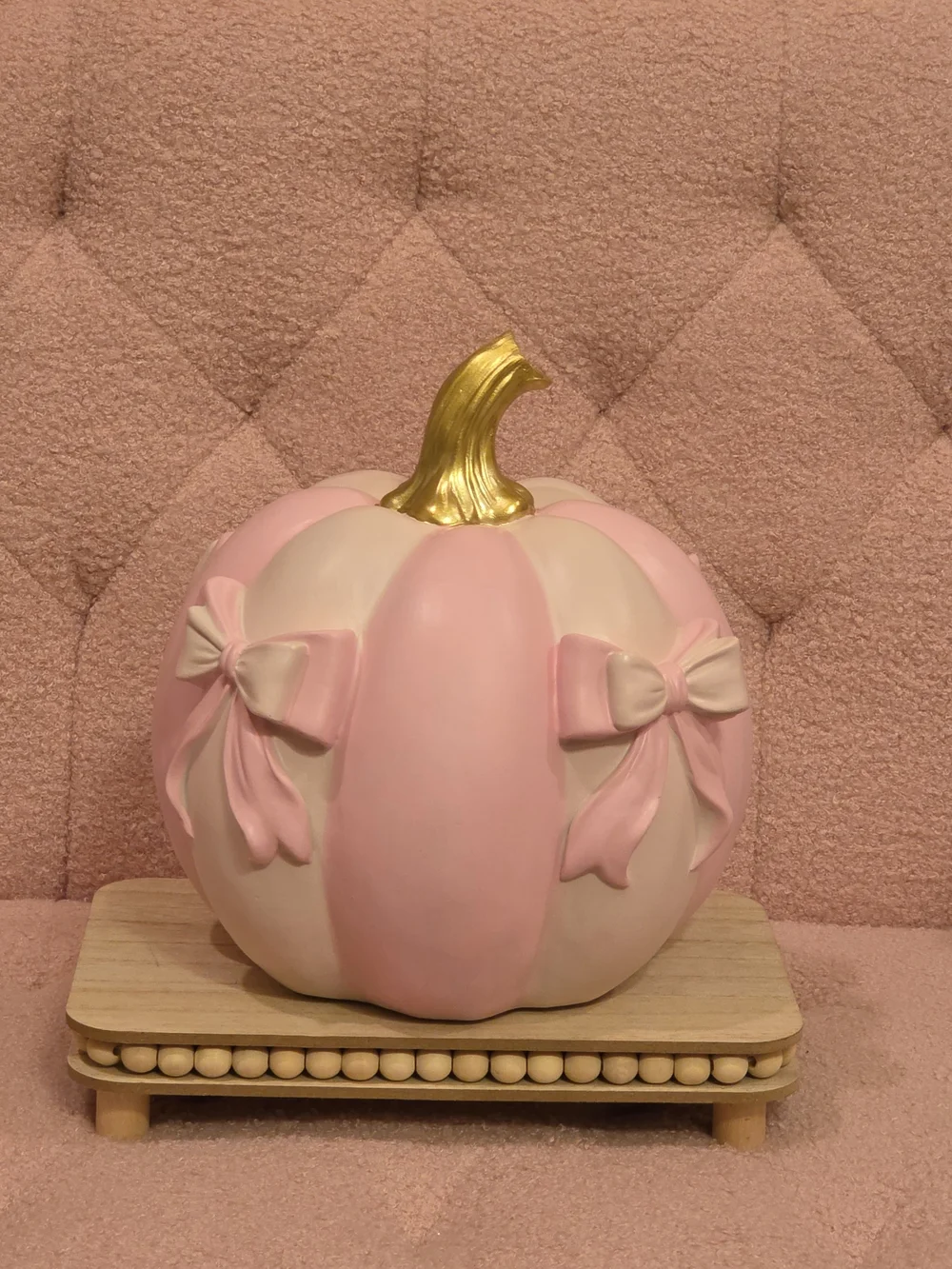 Coquette Pink and Cream Pumpkin w/Bow Accents & Gold Stem -Pink-Halloween Decor